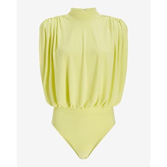 Express Neon Yellow Draped Mock Neck Open Back Thong Bodysuit w Shoulder Pads - Picture 3 of 12